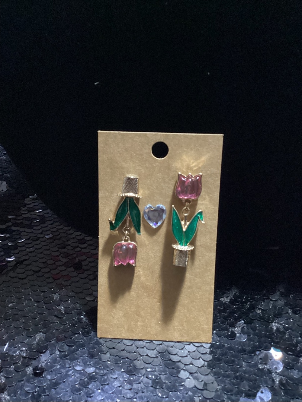 Pink Tulip and Green Leaf Drop Earrings with Blue Heart Accent